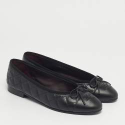 Pre Owned Chanel Black Quilted Leather CC Cap Toe Bow Ballet Flats Size 37