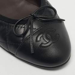 Pre Owned Chanel Black Quilted Leather CC Cap Toe Bow Ballet Flats Size 37
