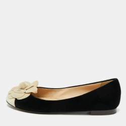Pre Owned Chanel Black/Off White Velvet CC Camellia Ballet Flats Size 38.5