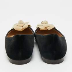 Pre Owned Chanel Black/Off White Velvet CC Camellia Ballet Flats Size 38.5