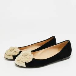 Pre Owned Chanel Black/Off White Velvet CC Camellia Ballet Flats Size 38.5