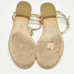 Pre Owned Chanel Gold Leather Pearl Camellia Thong T-Strap Flat Sandals Size 38.5