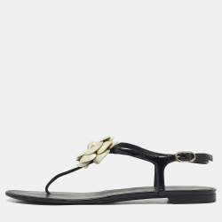 Pre Owned Chanel Black Patent Camellia Thong Slingback Sandals Size 39