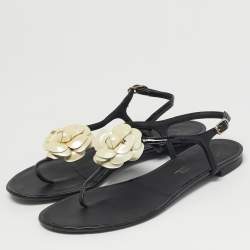 Pre Owned Chanel Black Patent Camellia Thong Slingback Sandals Size 39