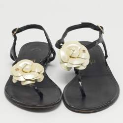 Pre Owned Chanel Black Patent Camellia Thong Slingback Sandals Size 39