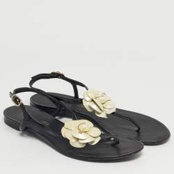 Pre Owned Chanel Black Patent Camellia Thong Slingback Sandals Size 39