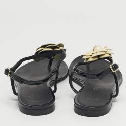 Pre Owned Chanel Black Patent Camellia Thong Slingback Sandals Size 39