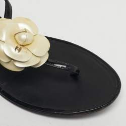 Pre Owned Chanel Black Patent Camellia Thong Slingback Sandals Size 39