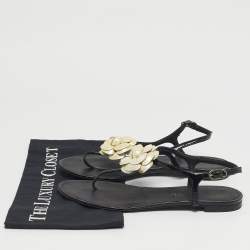 Pre Owned Chanel Black Patent Camellia Thong Slingback Sandals Size 39
