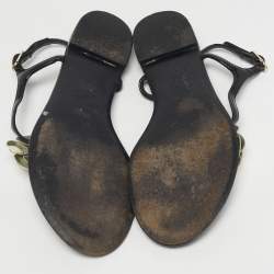 Pre Owned Chanel Black Patent Camellia Thong Slingback Sandals Size 39