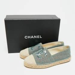 Pre Owned Chanel Mint Green/Beige Sequin and Canvas CC Cap Toe Espadrilles Size 39