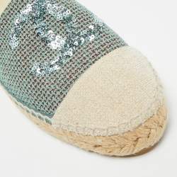 Pre Owned Chanel Mint Green/Beige Sequin and Canvas CC Cap Toe Espadrilles Size 39