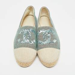 Pre Owned Chanel Mint Green/Beige Sequin and Canvas CC Cap Toe Espadrilles Size 39
