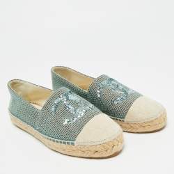 Pre Owned Chanel Mint Green/Beige Sequin and Canvas CC Cap Toe Espadrilles Size 39