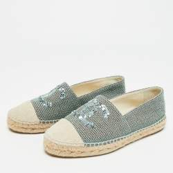 Pre Owned Chanel Mint Green/Beige Sequin and Canvas CC Cap Toe Espadrilles Size 39
