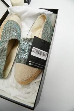 Pre Owned Chanel Mint Green/Beige Sequin and Canvas CC Cap Toe Espadrilles Size 39
