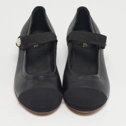 Pre Owned Chanel Black Leather and Fabric Cap Toe Mary Jane Pumps Size 38.5