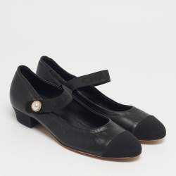 Pre Owned Chanel Black Leather and Fabric Cap Toe Mary Jane Pumps Size 38.5