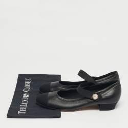 Pre Owned Chanel Black Leather and Fabric Cap Toe Mary Jane Pumps Size 38.5