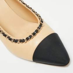 Pre Owned Chanel Beige/Black Leather and Canvas CC Cap Toe Pumps Size 39