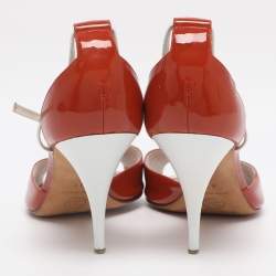 Pre Owned Chanel Brick Red/White Patent and Leather CC Ankle Strap Sandals Size 40