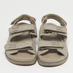 Pre Owned Chanel Grey Fabric Dad Flat Sandals Size 39