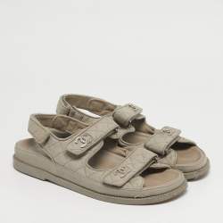 Pre Owned Chanel Grey Fabric Dad Flat Sandals Size 39
