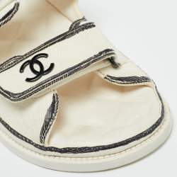 Pre Owned Chanel White Straw Dad Flat Sandals Size 38.5