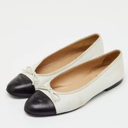 Pre Owned Chanel White/Black Leather CC Cap Toe Bow Ballet Flats Size 40