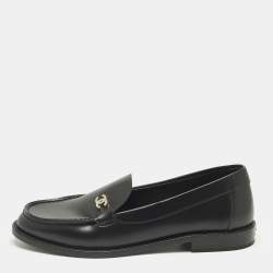Pre Owned Chanel Black Leather CC Logo Slip On Loafers Size 38