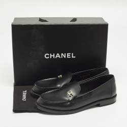 Pre Owned Chanel Black Leather CC Logo Slip On Loafers Size 38