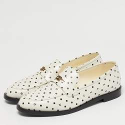 Pre Owned Chanel Black/White Leather CC Slip On Loafers Size 40