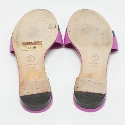 Pre Owned Chanel Purple/Navy Blue Leather CC Flat Slides Size 37.5