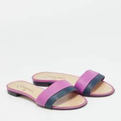 Pre Owned Chanel Purple/Navy Blue Leather CC Flat Slides Size 37.5