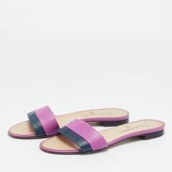 Pre Owned Chanel Purple/Navy Blue Leather CC Flat Slides Size 37.5