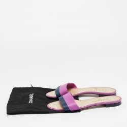 Pre Owned Chanel Purple/Navy Blue Leather CC Flat Slides Size 37.5