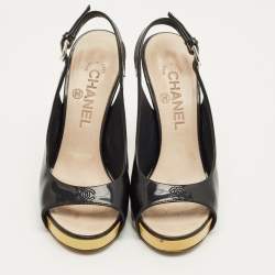 Pre Owned Chanel Black Patent Leather CC Open Toe Slingback Pumps Size 36