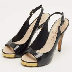 Pre Owned Chanel Black Patent Leather CC Open Toe Slingback Pumps Size 36