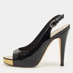 Pre Owned Chanel Black Patent Leather CC Open Toe Slingback Pumps Size 36
