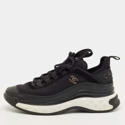 Pre Owned Chanel Black Nylon and Suede CC Low Top Sneakers Size 36.5