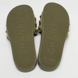 Pre Owned Chanel Olive Green Canvas and Leather Tropiconic Chain Slide Flats Size 38