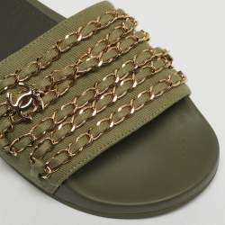 Pre Owned Chanel Olive Green Canvas and Leather Tropiconic Chain Slide Flats Size 38