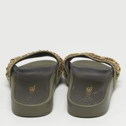 Pre Owned Chanel Olive Green Canvas and Leather Tropiconic Chain Slide Flats Size 38