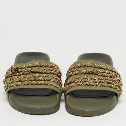 Pre Owned Chanel Olive Green Canvas and Leather Tropiconic Chain Slide Flats Size 38