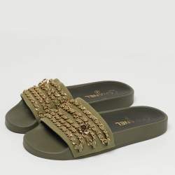 Pre Owned Chanel Olive Green Canvas and Leather Tropiconic Chain Slide Flats Size 38