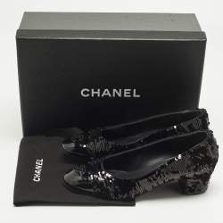 Pre Owned Chanel Black Patent Leather and Sequins CC Cap Toe Pumps Size 36
