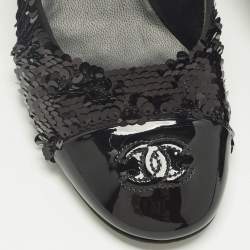 Pre Owned Chanel Black Patent Leather and Sequins CC Cap Toe Pumps Size 36