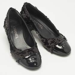 Pre Owned Chanel Black Patent Leather and Sequins CC Cap Toe Pumps Size 36