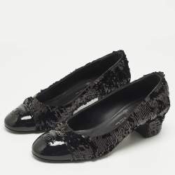 Pre Owned Chanel Black Patent Leather and Sequins CC Cap Toe Pumps Size 36