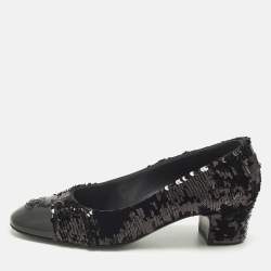 Pre Owned Chanel Black Patent Leather and Sequins CC Cap Toe Pumps Size 36